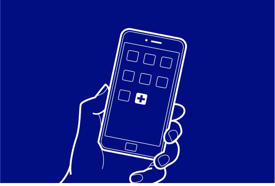 Illustration of a hand holding a mobile phone on a blue background