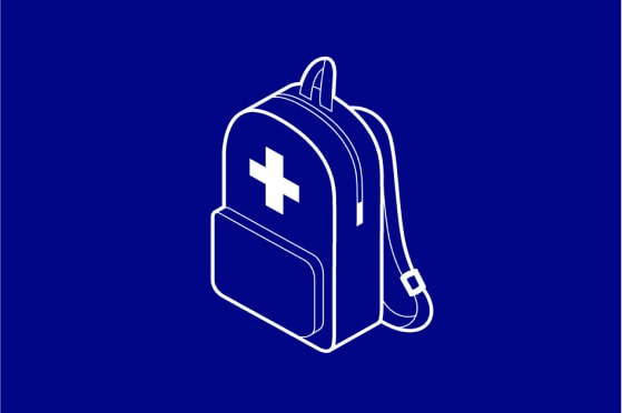 Illustration of a back pack with red cross logo on a blue background