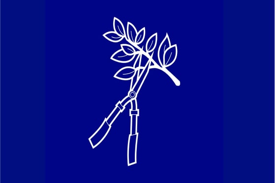 Illustration of hedge sheers cutting a branch on a blue background