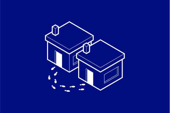 Illustration of two houses with footprints on a blue background